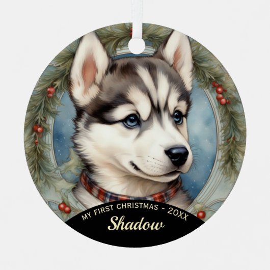 Husky Welppy First Christmas Metal Ornament (Vorderseite)