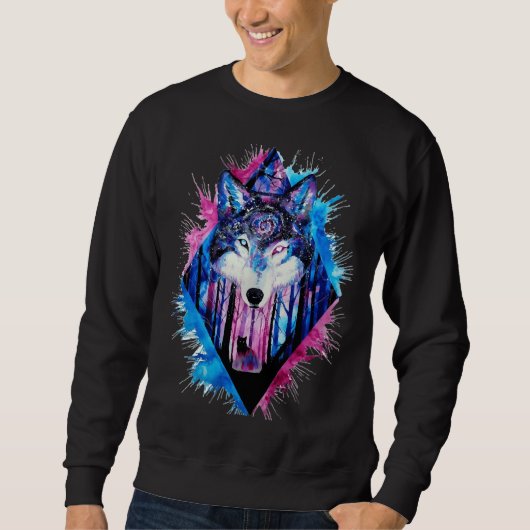 Husky Wolf Dog farbige Gemusterte Illustration Sweatshirt (Vorderseite)