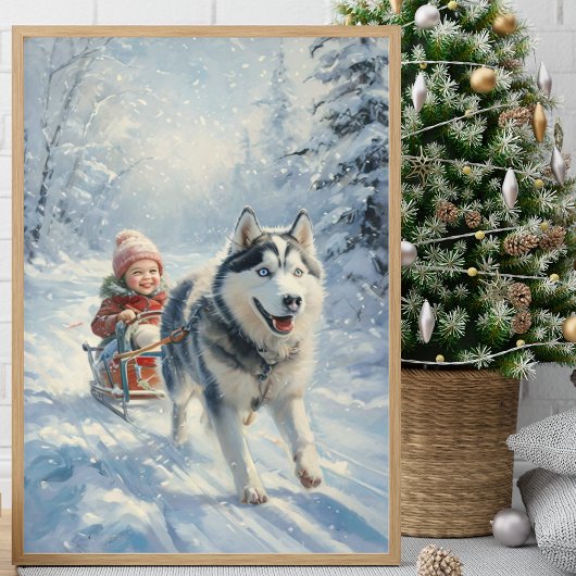 Husky zieht ein Kind auf einem Schlitten Poster