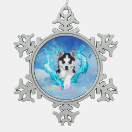 Huskywelpe mit Herz hellblau Rüde love forever Schneeflocken Zinn-Ornament