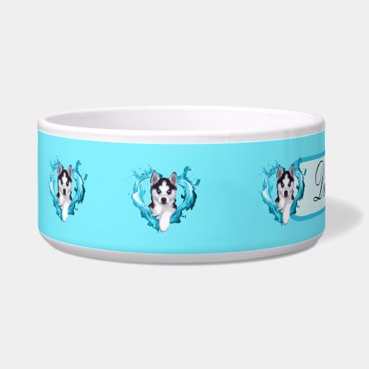 Huskywelpe mit Herz hellblau Rüde Napf (Links)