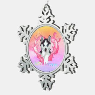 Huskywelpe mit Herz rosa Hündin love forever Schneeflocken Zinn-Ornament