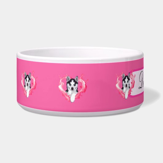 Huskywelpe mit Herz rosa Hündin Napf (Links)
