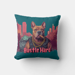 Hustle Hard - Pitbulle Hund mit Geld und Zigar Kissen