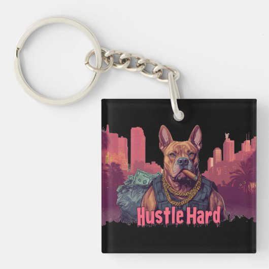 Hustle Hard - Pitbulle Hund mit Geld und Zigar Schlüsselanhänger (Vorderseite)