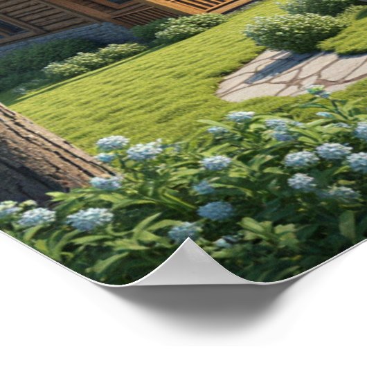 Hütte am Fluss im Wald Poster (Ecke)