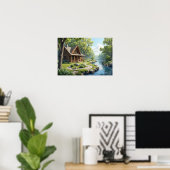 Hütte am Fluss im Wald Poster (Heimbüro)