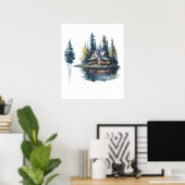 Hütte am Lake Watercolor Poster (Heimbüro)