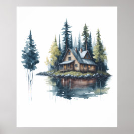 Hütte am Lake Watercolor Poster