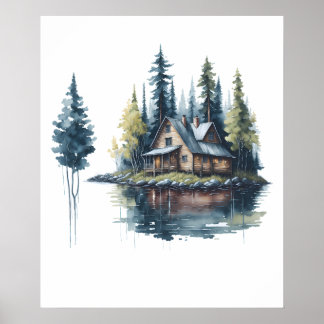 Hütte am Lake Watercolor Poster