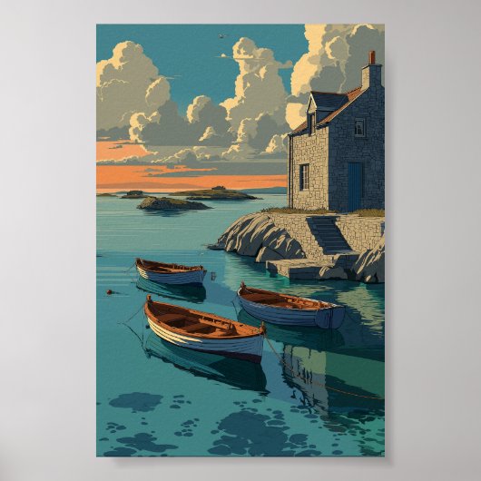 Hütte am Meer mit Booten - Die Küste Sunset Art Poster (Vorne)