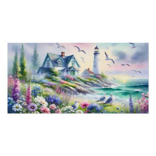 Hütte am Meer und Leuchtturm Wasserfarbe Poster (Vorderseite)