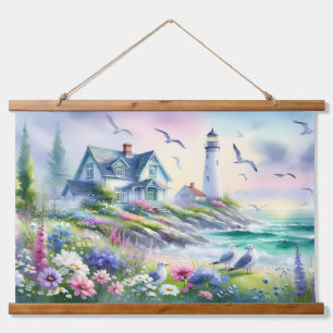 Hütte am Meer und Leuchtturm Wasserfarbe Wandteppich Mit Holzrahmen