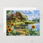Hütte am See mit Sonnenblumen Postkarte (Vorne/Hinten)