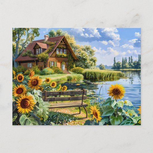 Hütte am See mit Sonnenblumen Postkarte (Vorderseite)