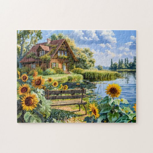 Hütte am See mit Sonnenblumen Puzzle (Horizontal)