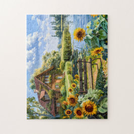 Hütte am See mit Sonnenblumen Puzzle
