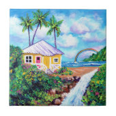 Hütte am Strand Wasserfall Keramik Tile Fliese (Vorderseite)