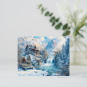 Hütte am Wasserfall im Winter Illustrati Postkarte (Stehend Vorderseite)