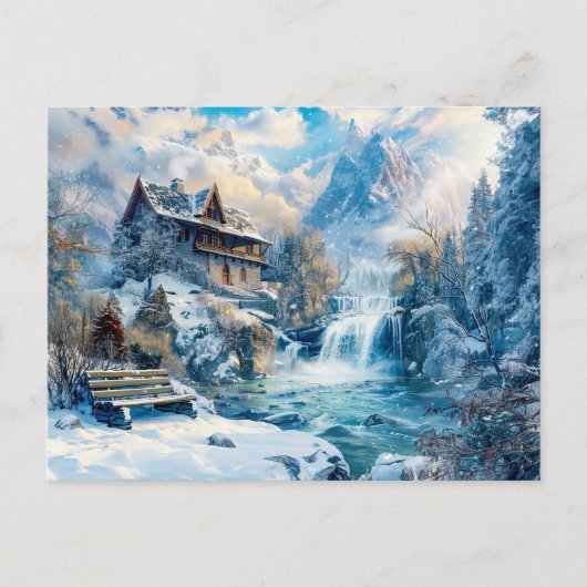 Hütte am Wasserfall im Winter Illustrati Postkarte (Vorderseite)