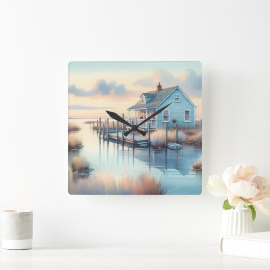 Hütte an der Küste bei Sunrise Marsh Quadratische Wanduhr (Zuhause)