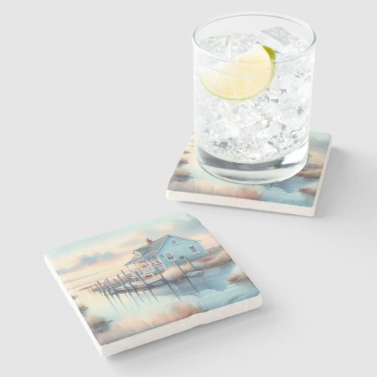 Hütte an der Küste bei Sunrise Marsh Steinuntersetzer (Seitenansicht)