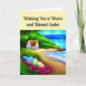 Hütte an der Küste mit Ostereiern Freude und Fried Karte (Vorderseite)