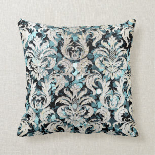 Hütte Aquamarin Aquatic Blu Damask Gray Pearl Glit Kissen