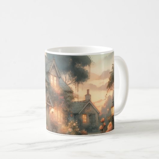 Hütte bei Sonnenuntergang mit Rose Kaffeetasse (VorderseiteRechts)