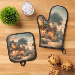 Hütte bei Sonnenuntergang mit Rose Ofenhandschuh & Topflappen-Set