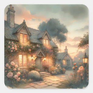 Hütte bei Sonnenuntergang mit Rose Quadratischer Aufkleber