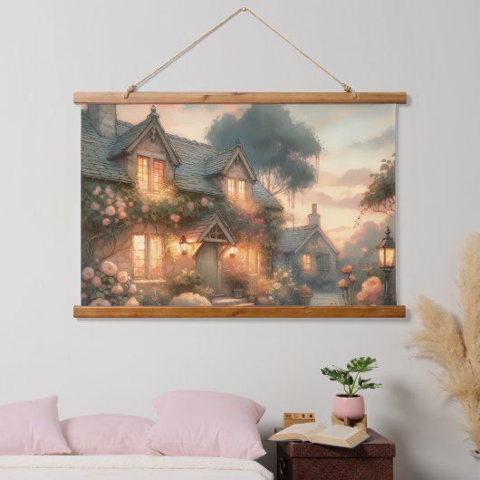 Hütte bei Sonnenuntergang mit Rose Wandteppich Mit Holzrahmen (Schlafzimmer)