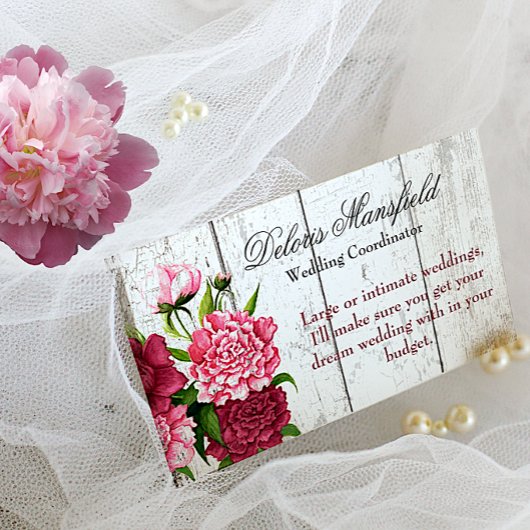 Hütte Chic Rustic Wood and Peonies Business Card Visitenkarte