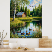 Hütte durch einen Waldteich mit Enten Poster (Küche)