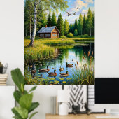 Hütte durch einen Waldteich mit Enten Poster (Heimbüro)