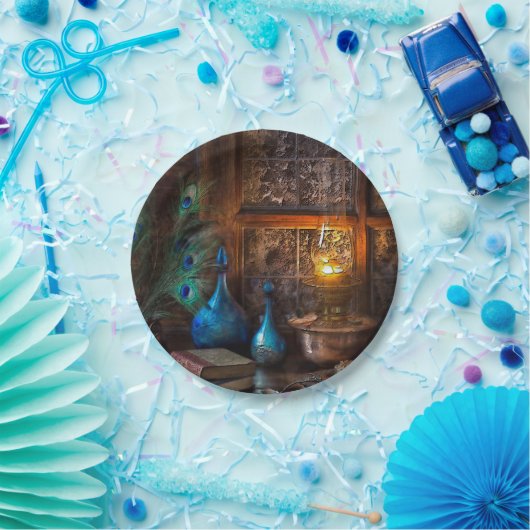 Hütte durch Lampenlicht rustikale Szene braun blau Pappteller (Party)