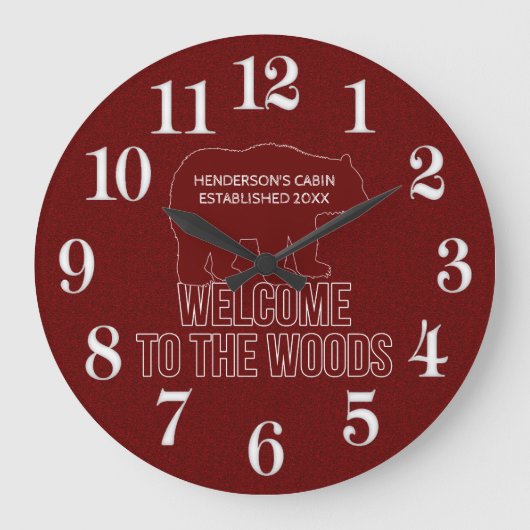 Hütte etabliertes Datum Waldbär in Rot Große Wanduhr (Vorderseite)