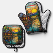 Hütte, Ferienhaus Zuhause Ofenhandschuh & Topflappen-Set (Vorderseite/Rückseite)