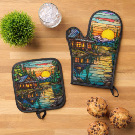 Hütte, Ferienhaus Zuhause Ofenhandschuh & Topflappen-Set