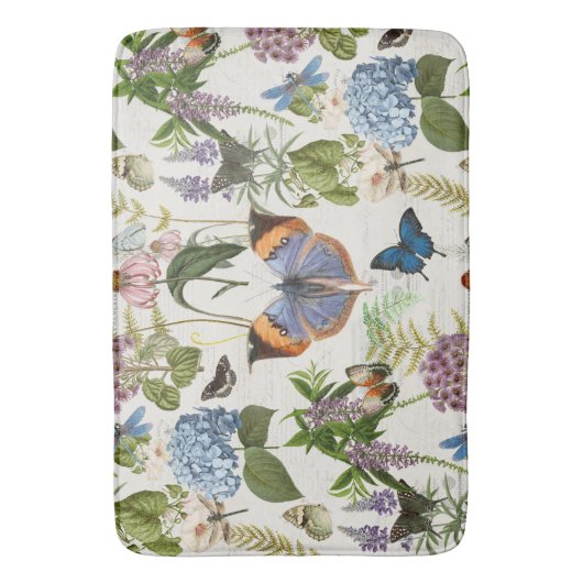 Hütte Floral Botanical Blue Hydrangea Schmetterlin Badematte (Vorderseite Vertikal)
