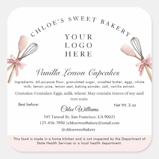 Hütte für Backwaren mit rosa Utensitis Etikett Quadratischer Aufkleber (Vorderseite)