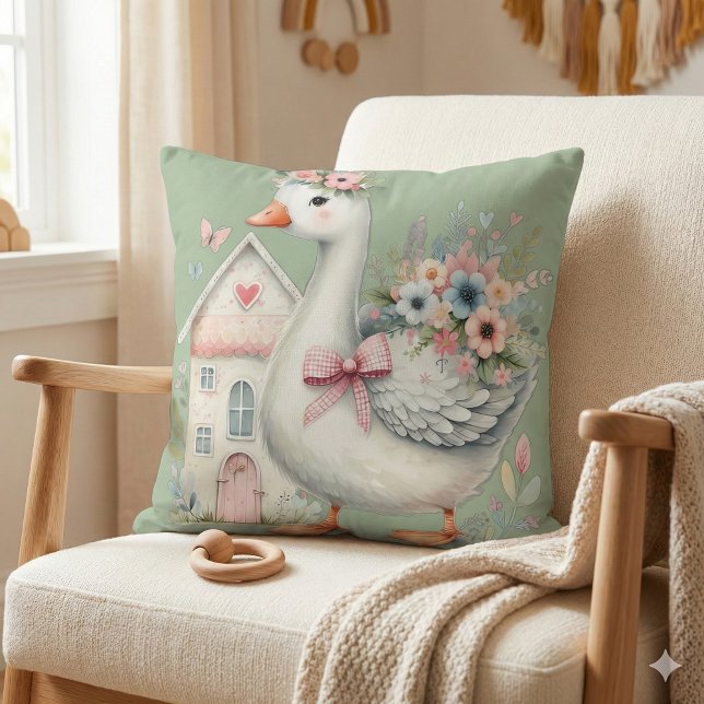 Hütte Gänse Blumenhausszene Kissen (Cottage Goose Floral House Scene Throw Pillow Mockup A)