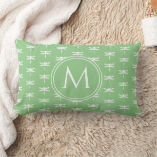 Hütte Garden Green und White Dragonfly Monogram Lendenkissen