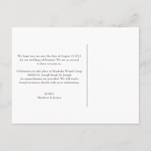 Hütte Hochzeit Datum speichern // Postkarte (Rückseite)