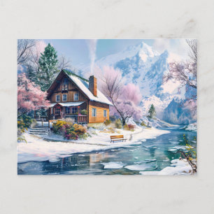 Hütte im Frühling mit Blüten Postkarte