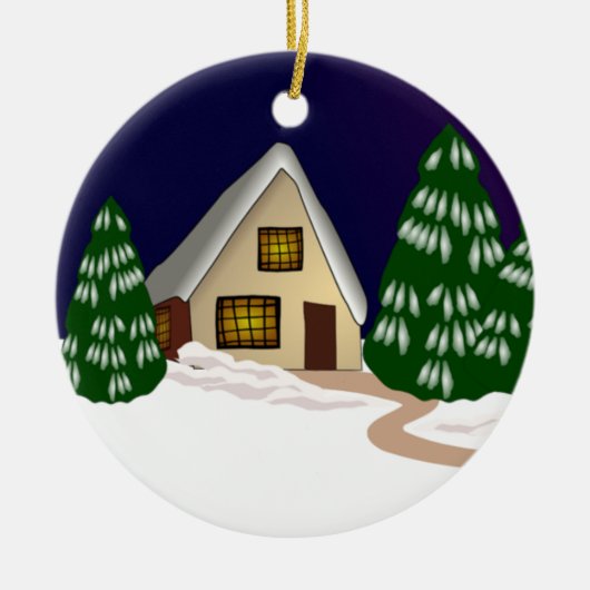 Hütte im Schnee & Bäume Keramik Ornament (Vorne)