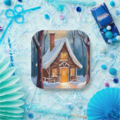 Hütte im schneebedeckten Winterwald Aquarell Pappteller (Party)