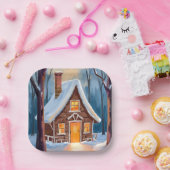 Hütte im schneebedeckten Winterwald Aquarell Pappteller (Party)