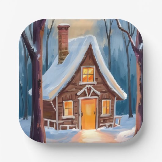Hütte im schneebedeckten Winterwald Aquarell Pappteller (Vorderseite)