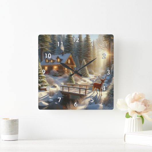 Hütte im schneebefluteten Wald mit Hirsch Quadratische Wanduhr (Zuhause)